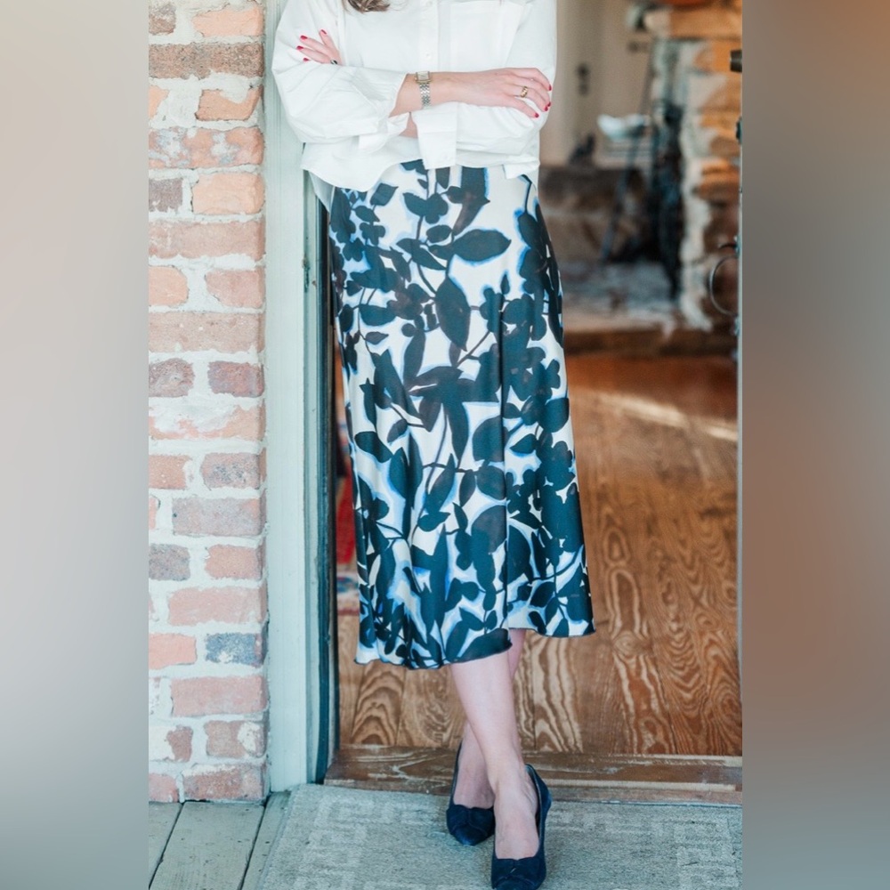 Fifteen Twenty Bias Cut Shadow Leaf Satin Midi Skirt